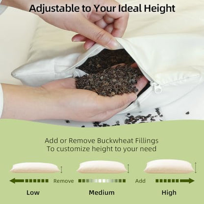 USlixury Organic Buckwheat Pillow for Sleeping with Extra Organic Pillowcase and Hulls, 16"X22" Buckwheat Hull Pillow, Adjustable Height and Firmness, Firm Neck Support for Side Sleepers, Cool, White - size: 16"X22"