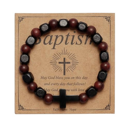 MILAKOO Wooden Bracelet with Black Stainless Steel Cross Charms Bead Christian Gifts for Women Men - color: B3