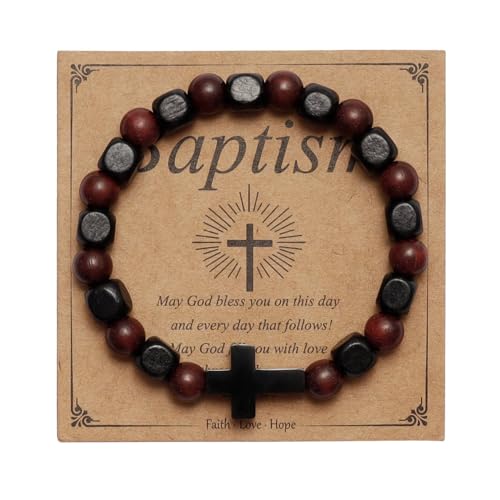 MILAKOO Wooden Bracelet with Black Stainless Steel Cross Charms Bead Christian Gifts for Women Men - color: B3