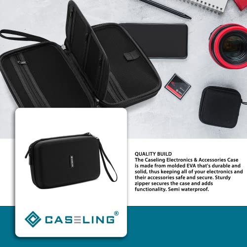 Caseling Hard EVA Electronics Travel Organizer – Shockproof Protective Carrying Case for Chargers, Power Banks & Cables – Compact 9.5” x 5.7” Travel Storage with Wrist Strap, Black