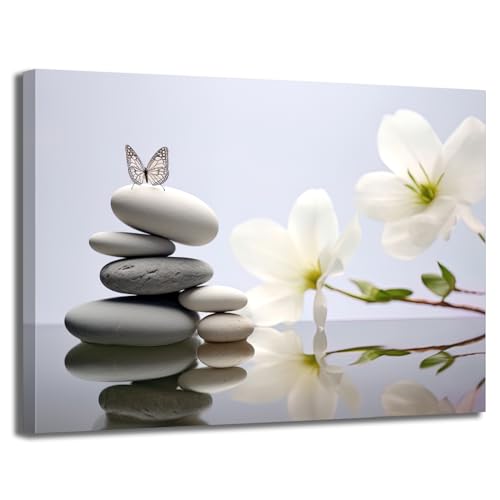 GLOKAKA Zen Stone Canvas Wall Art Spa Stone with White Flower and Butterfly Picture Bathroom Wall Art Modern Spa Artwork for Spiritual Yoga Room Bedroom Picture Wall Decor - color: Zen Stone 03, size: 36"L x 24"W