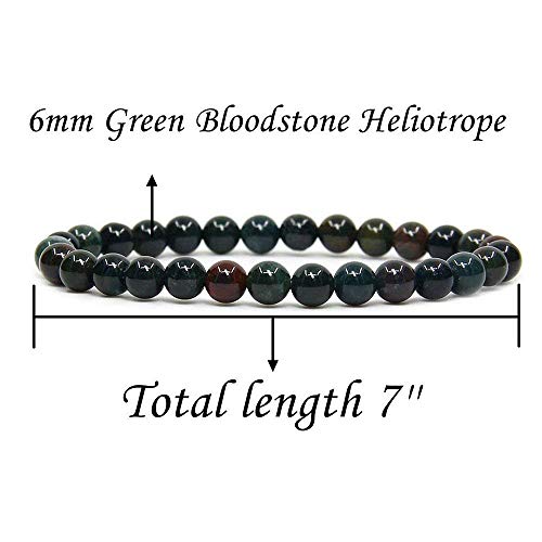 Angelstones Handmade Natural Healing Gemstone 6mm Round Beads Stretch Crystal Bracelet 7 Inch Unisex - color: Green Bloodstone Heliotrope