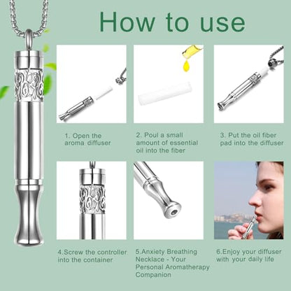 Anxiety Relief Pendant Mindfulness Breathing Necklace - Essential Oil Diffuser & Personal Inhaler Aromatherapy Necklaces for Women & Men (Steel) - color: Steel