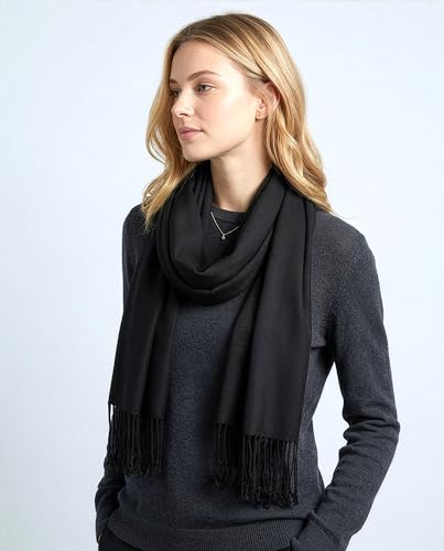 Achillea Lightweight Pashmina Scarf for Women – Soft Silky Shawl Wrap for Evening Dresses, Bridesmaids & Everyday Wear - color: Black