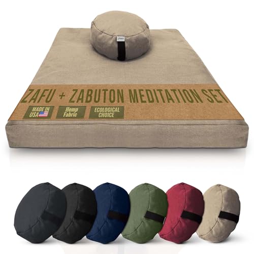 Meditation Cushion Mat Set HEMP - Round Zafu Floor Pillow Organic Buckwheat Pillow + Cotton Filled Zabuton Prayer Pad - Meditation Pillow Yoga Knee Pad - Made in USA - 14" Round, NATURAL Hemp