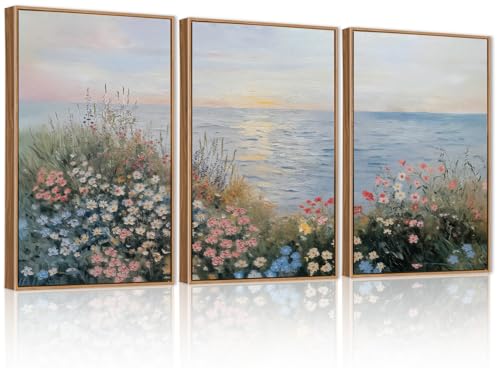 CHDITB Coastal Wildflowers Framed Canvas Wall Art Set, Coastal Floral Nursery Wall Decor, Seaside Sunset Artwork Spiritual Painting, Vintage Beach Art Prints For Living Room, Bedroom, Office 24"x36”x3 - color: Floral Sea, size: 24"L x 36"W