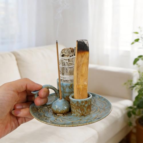 4-in-1Blue Ceramic Palo Santo Burner Holder - Small Incense Burner & Smudge Tray Bowl for Incense Sticks/Cones & Sage - Ideal for Meditation Rooms,Zen and Aromatic Scents - Matches Compatible - color: Palo-incense-dish-blue