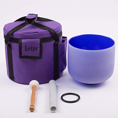 Leize Quartz Crystal Singing Bowl A# Note Third Eye Chakra Dark Blue 8" with Heavy Duty Carrying Case Suede Striker - color: dark blue, size: 8" A# Note