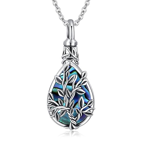 JUSTKIDSTOY Moonstone Urn Necklace for Ashes Sterling Silver Daisy/Rose/Tree Teardrop Pendant Necklace Cremation Jewelry Keepsake Memorial Gifts for Mother Grandma w/Funnel Filler - style: Tree(Abalone Shell)