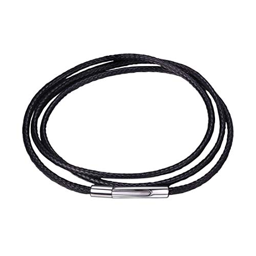 U7 Leather Necklace Cord with Customizable Stainless Steel/Black Clasp, Waterproof Black/Brown Woven Wax Rope Chain for Men Women 1.5/2/3mm, Length 16"-30" - color: a. 2MM Wide-Black, size: 16 Inch(41cm)