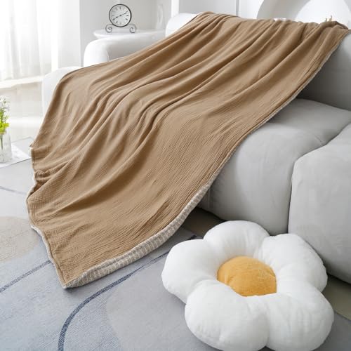 Muslin Cotton Throw Blanket with Flannel for Bed,Super Soft Muslin Blanket with Cozy Flannel for Adults 55 * 72inches,Coffee - color: Coffee