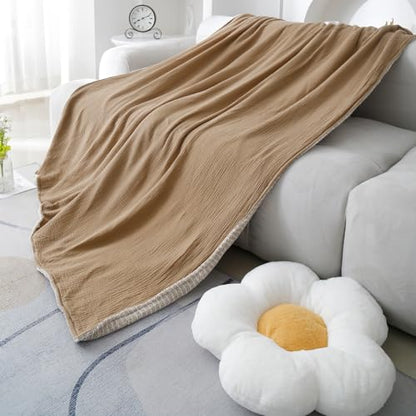 Muslin Cotton Throw Blanket with Flannel for Bed,Super Soft Muslin Blanket with Cozy Flannel for Adults 55 * 72inches,Coffee - color: Coffee