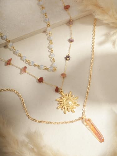 Sacina Layered Crystal Sun Necklace, Gothic Boho Hippie Summer Beach Necklace, Boho Hippie Jewelry, Christmas Jewelry Gift for Women - color: Gold