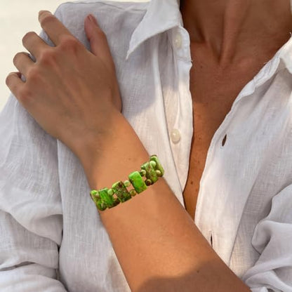 Yomisa Boho Beaded Bracelets for Women,Natural Chakra Turquoise Stone Jasper Bead Bracelet for Womens,Bohemian Handmade Stretch Beads Friendship Bracelets,Healing Trendy Western Jewelry Gifts - color: Green Imperial Stone Bead
