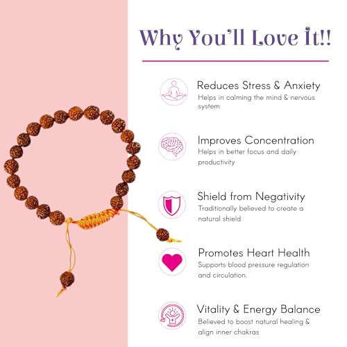 Rudraksha Bracelet for Men & Women, Adjustable Yoga & Meditation Jewelry for Wrist, Spiritual Protection Bracelet - color: Classic Saffron
