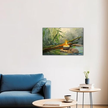 Zen Wall Art, Zen Stone Canvas Art Prints for Meditation Office Decor, Modern Green Bamboo Pictures Spiritual Wall Decor, Calming Water Painting Framed Artwork for Yoga Spa Decorations 12x18 Inches
