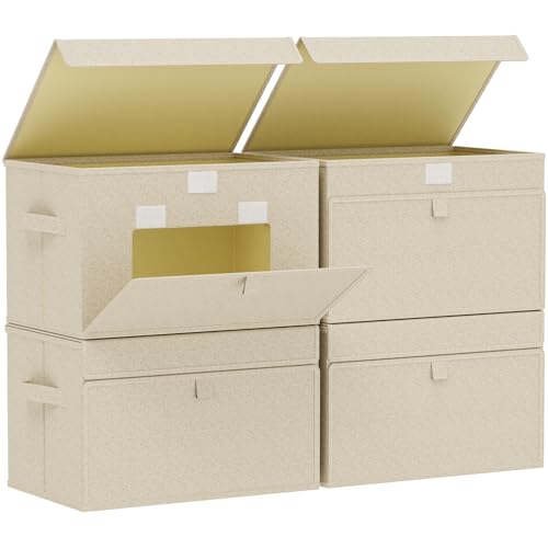 Fabric Storage Boxes, Closet Organizer with Handles, Basket Bins with Flip Cover, Cube Organization for Clothes, Shoes, Blankets, 15x9.8x9.8in, Grey and Beige, 4 Pack - color: Beige/Gray, size: 15x9.8x9.8 in(4 Pack)