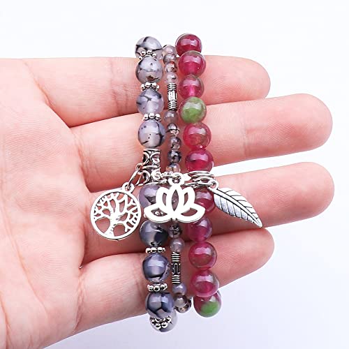Tree of Life Yoga Healing Stone Bracelets,Multilayer Lotus Chakra Stone Reiki Bracelet Sets,Anxiety Crystal Natural Stone,for Women Stress Relief - style: Dragon pattern + flower jade