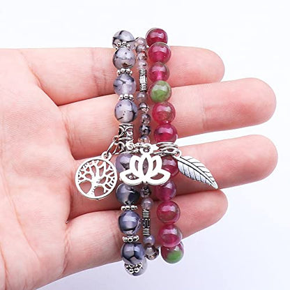 Tree of Life Yoga Healing Stone Bracelets,Multilayer Lotus Chakra Stone Reiki Bracelet Sets,Anxiety Crystal Natural Stone,for Women Stress Relief - style: Dragon pattern + flower jade