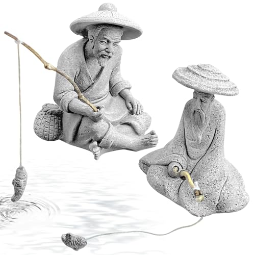 Tfwadmx 2 Pcs Sitting Fisherman Figurines, Aquarium Decorations Mini Fish Tank Ornaments Asian Zen Statue, Sandstone Vintage Aquascaping Decor for Betta Tank Accessories (Large) - size: Large
