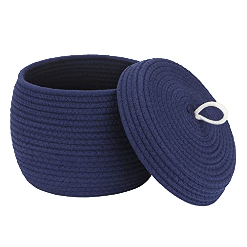Sea Team Round Cotton Rope Storage Basket with Lid, Decorative Woven Storage Bin, Pot, Caddy, Organizer, Container for Snacks, Towels, Plants, 10 x 7.5 Inches (Small, Dark Blue) - color: Dark Blue, size: Small