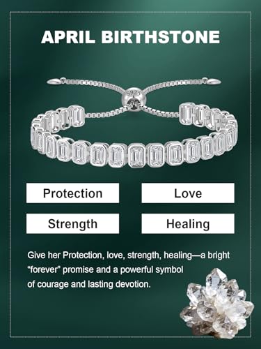 Birthstone Bracelets for Women, Sterling Silver Tennis Bracelets Emerald Cut Bezel Set with Adjustable Chain, Elegant Anniversary, Birthday or Valentine's Day Gift - color: 04-Apr-Simulated Diamond