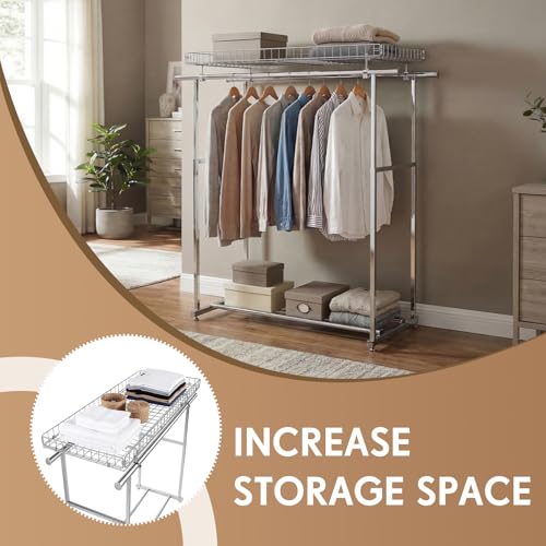 Double Rods Clothes Rack Organizer, Basket Expand Storage, Double Rod Metal Rack for Clothes, Towels Space Saving Closet Storage for Laundry, Retail Store 52.4" L x 22.4" w x 3" h