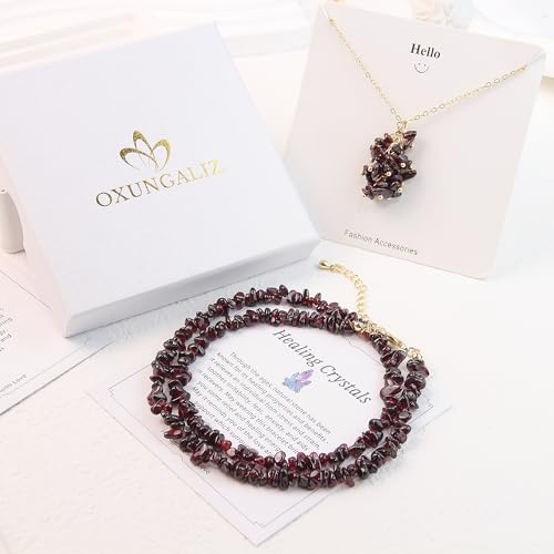 2Pcs Crystal Necklace for Women Handmade Choker Necklaces Pendant Necklace Natural Stone Gemstone Beaded Necklace 18k Gold Plated Adjustable Dainty Necklace for Women - color: Garnet