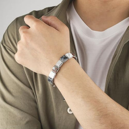 Square Natural Stone Unisex Adjustable Bracelet - Handmade with Natural Stons - Square Healing Crystal Bead Bracelet - color: Gray&White&Red
