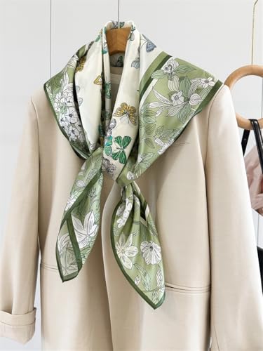 100% Pure Mulberry Silk Scarf 35" Large Square Lightweight Headscarf –Women’s Hair Wraps-With Gift Packed - color: Butterflies-light Green