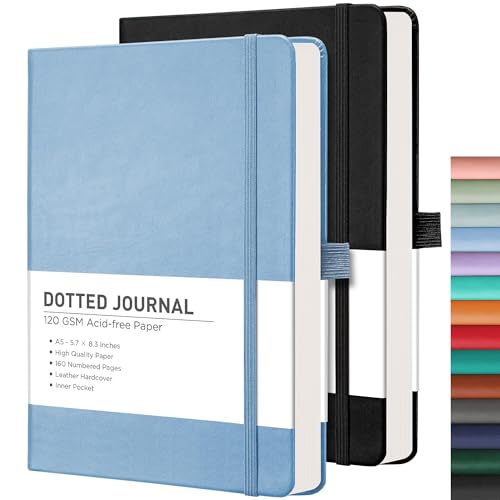 RETTACY Dotted Journal Notebook, 2-Pack, 160 Numbered Pages per Pack, A5 Medium Size (5.7'' x 8.3''), 120 GSM Thick Paper, Leather Hardcover, for Journaling, Planning, Tracking (Black & Light Blue) - color: Black & Light Blue, style: Dotted