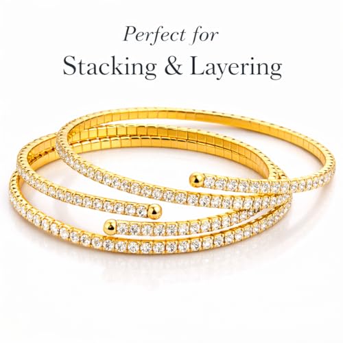Stretch Tennis Bracelet for Women – Gold Comfort Fit, No Clasp Flexible Design with Crystal Accents, Minimalist Stackable Jewelry