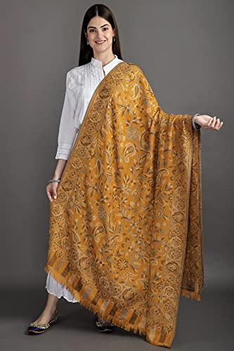 Exotic India Women Reversible Jamawar Wool Shawl with Woven Flowers | Ethnic Beautiful Floral Weave Stole, Dupatta - color: Butterscotch
