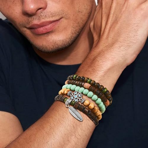 31 Pcs Wooden Beads Bracelets Set for Women Men Multi-Layered Wood Metal Wristbands Elastic Stretch Bohemian Bangle Bracelet Stack Adjustable