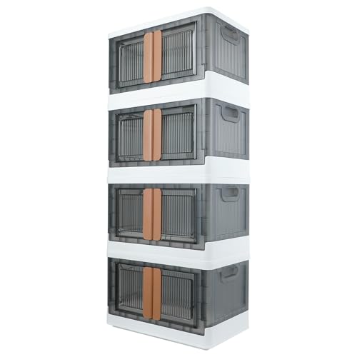 Storage Box, Plastic Cabinet, 8.4 Gallon (32L) Capacity (Each One), 4 Packs, Stackable Collapsible Drawer, with Door and Buckle, Organizer for Home and Office, Transparent - color: White,Gray, size: 8.4 Gal (32L) × 4