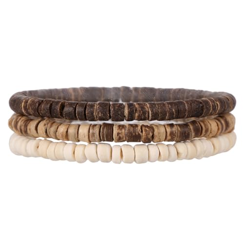 Puka Shell Bracelet for Men Wooden Bracelets Turquoise Stack Beaded Minimalist Trendy Jewelry for Friend Gift - style: 3pcs-Brown