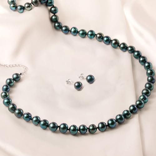 Tahitian Cultured Black Pearl Necklace & Earrings Set | 7.5-8mm Round Exotic Pearls with 925 Sterling Silver Clasp | Luxury Jewelry Gift for Wife/Mom/Girlfriend, 18"+2" Extender - color: Necklace & Earrings