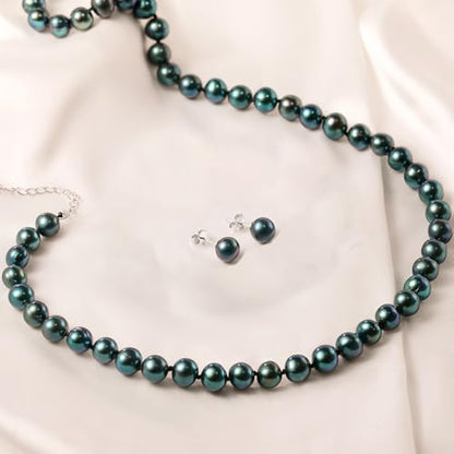 Tahitian Cultured Black Pearl Necklace & Earrings Set | 7.5-8mm Round Exotic Pearls with 925 Sterling Silver Clasp | Luxury Jewelry Gift for Wife/Mom/Girlfriend, 18"+2" Extender - color: Necklace & Earrings