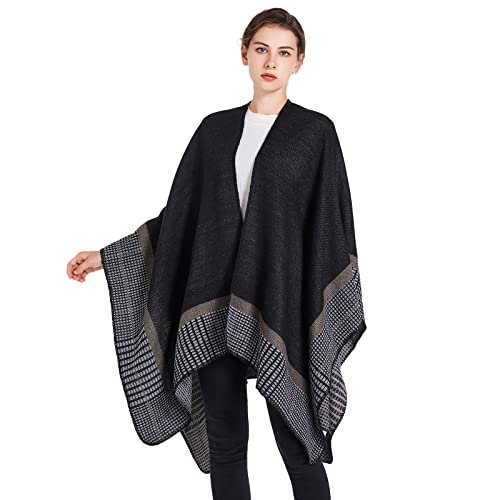 Shawl Wraps for Women, Elegant Knitted Cape Open Front Poncho Scarf Blanket Cardigan Coat for Spring, Autumn, and Winter - color: Black Gray Khaki
