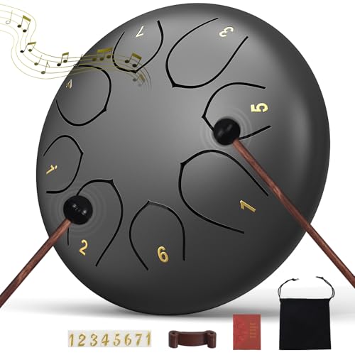 Rain Drum for Outside Garden, 6 Inches 8 Notes Steel Tongue Chakra Drums, Waterproof Echo Rain Chime Meditation Drums, Musical Instruments for Adult Gift with Bag, Music Book, Drum Mallets (Black) - color: Black, size: 6 Inches
