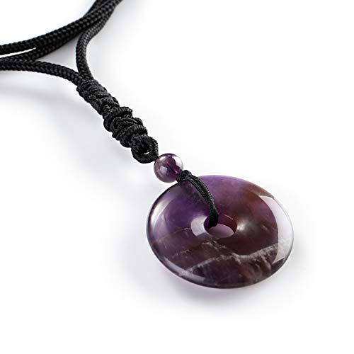 Jovivi 30mm Circle Donut Healing Crystals Necklace Natural Semi-Precious Chakra Gemstone Stone Amulet Lucky Coin Donuts Charm Protection Quartz Reiki Pendant Necklace for Men Women Adjustable Rope - color: Amethyst Crystal