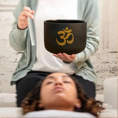 7-12 inch 432HZ Gold Powder Printing Black Chakra Crystal Singing Bowls Set of 7 Meditation Bowl Frosted Healing Quartz Bowls with 2 Travel Carry Case Bag 2 Mallet Suede 2 Strikers 7 O-rings