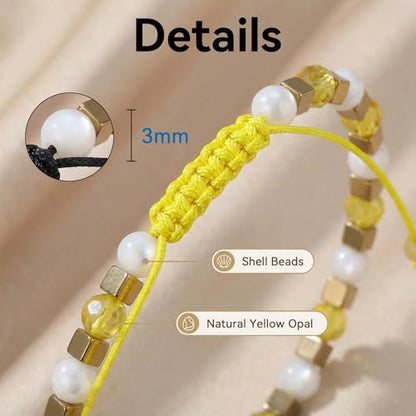 Natural Stone Adjustable Charming Bracelet for Women, 3mm Shell Gemstone Hematite Beads, Pull String Slider Metal Free Design Waterproof, Gift for Her Daily Wear