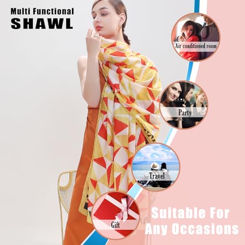 100% Mulberry Extra Large Silk Pashmina Scarf Shawls And Wraps For Women Evening Dress Summer Travel Floral Blanket - color: Orange Geo Muse