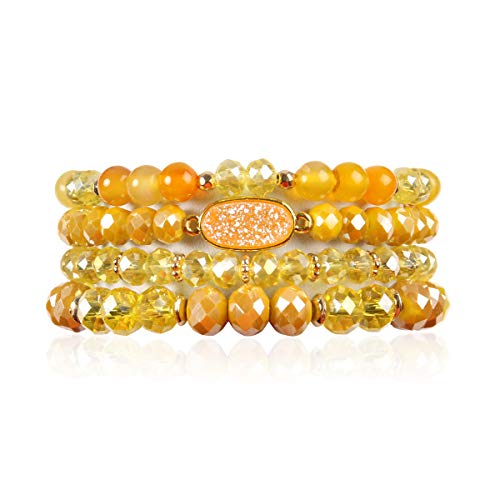 RIAH FASHION Bohemian Acrylic Druzy Multi-Layer Bead Statement Bracelet - Versatile Faux Stone Pendant Stretch Strand Stackable Cuff Bangle Set Sparkly Crystal - color: Oval Acrylic Druzy - Yellow