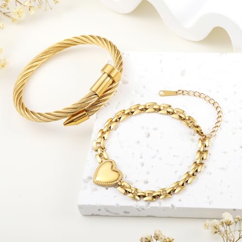2PCS 18K Gold Plated Nail Bangle & Chain Bracelet Set for Women, Adjustable Stackable Bangle Jewelry, Dainty Gold Bracelet Gift for Women - color: Set O