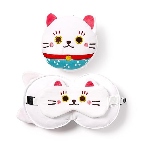 Relaxeazzz - Travel Cushion 2 in 1 with Maneki Neko Eye Mask, Cat Design, Multi-Colour, 1 Piece (Lot of 1)