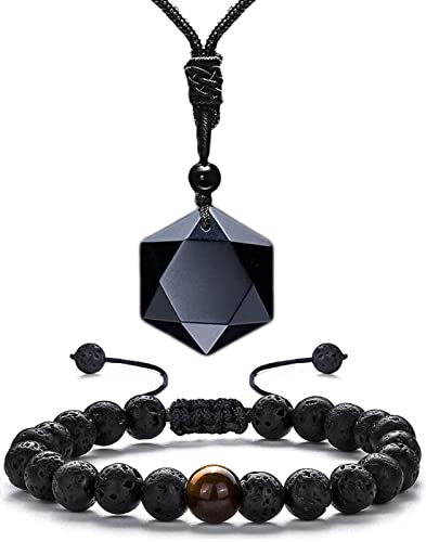 Necklace Pendant & Lava Rock Bracelet, for Women/Men (Set) - color: Black-hexagon