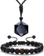 Necklace Pendant & Lava Rock Bracelet, for Women/Men (Set) - color: Black-hexagon