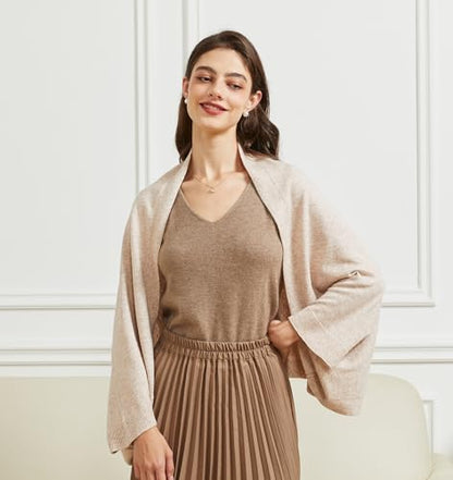 BRYCTSISEN Women's Lightweight Wool Shawl Wrap Scarf with Sleeves Outer Warm Knitted Open Front Poncho Cape Fall Winter - color: Beige